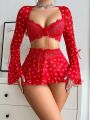 Ladies' Sexy Lingerie 3pcs/Set - Front-Buttoned Wide-Sleeved Top + T-Back Panties + Skirt (Valentine's Day Edition)