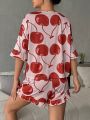 Cherry Print Drop Shoulder Ruffle Trim PJ Set