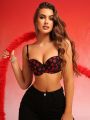 SHEIN Women's Red Lips Black Lace Thin Strap Bra