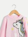 SHEIN Kids FANZEY Toddler Girls' Elegant And Cute Unicorn Patterned Pullover Sweater With Round Neck