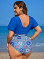 SHEIN Swim BohoFeel Plus Size Print Splicing One Piece Swimsuit