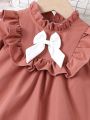Baby Girl's Butterfly Decorated Ruffled Hem Dress With Bowknot Detail