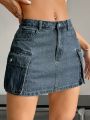 SHEIN EZwear Flap Pocket Side Denim Cargo Skirt