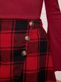 SHEIN Kids FANZEY Girls' Knit Solid Color Stand Collar Top And Knit Plaid Skirt Set