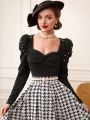 SHEIN DECDS Vintage Elegant Top For New Year's Christmas Party With Pleated Front, Twisted Knot, Pearl & Stud Decor Long Sleeve T-Shirt