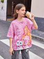 SHEIN Kids SUNSHNE Girls' Knitted Cute Cat Pattern Loose Fit T-Shirt With Round Neckline