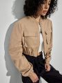 Forever 21 Women'S Solid Color Zipper Closure Turn Down Collar Jacket With Flap Pockets