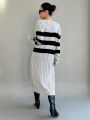 DAZY Women's Striped Split-hem Long Sweater