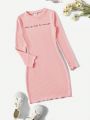 SHEIN Kids EVRYDAY Big Girls' Knitted Ribs Stripe Dress With Letter Embroidery, Slim Fit And Long Sleeve