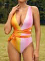 SHEIN Swim Vcay Deep V-Neck Color Block Ombre Monokini With Open Back