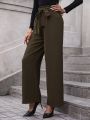 Solid Color Belted High Waisted Trousers