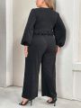 SHEIN Privé Plus Size Spring And Summer Clothing New Style Shiny Fabric Party Elegant Ruffled Long Sleeve Wide Leg Jumpsuit