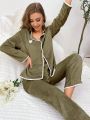 Ladies' Simple Style Heart Shaped Pattern Green Pajama Set With White Trim Shirt And Long Pants