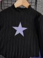 SHEIN Kids HYPEME Big Girls' Cool Knit Five-Pointed Star Print Stand Collar Long Sleeve T-Shirt And Pants Sports Outfit With Patchwork