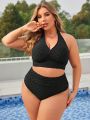 SHEIN Swim Vcay Plus Size Women's Solid Color Halter Neck Tie Swimsuit Set