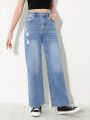 Girls' (Big) New Arrival Slim-Fit Distressed Straight Leg Jeans With Washed Effect