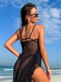 SHEIN Swim Vcay Women's Solid Color Loose Mesh Halterneck Cover-Up Top