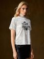 HOUSE OF THE DRAGON X SHEIN Contrast Lace High Neck Short Sleeve Letter Print T-Shirt