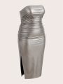 SHEIN Coolane Plus Size Women's Split Metal Feeling Strapless Maxi Dress