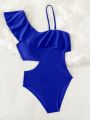 Cut Out Ruffle Trim Asymmetrical Neck One Piece Swimsuit