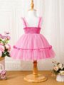 Pink Mesh Tulle Skirt Lovely Valentine's Day Party Princess Dress With Back Bow Tie For Baby Girl