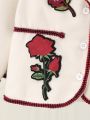 Toddler Girls' New Embroidered Rose Warm Woolen Jacket With Windproof Function For Autumn And Winter