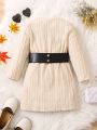 Toddler Girls' Elegant & Comfortable Jacquard Round Neck Long Sleeve Dress With Contrast Leather Belt, Autumn/winter Season