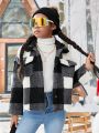 SHEIN Tween Girl Buffalo Plaid Pattern Drop Shoulder Teddy Jacket