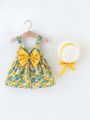 Baby Floral Print Bow Front Cami Dress With Hat