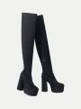 SHEIN SXY 1pair Solid Side Zipper Chunky Heeled Fashionable Boots