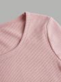 SHEIN Tween Girls' Knitted Solid Color Square Neck Long Sleeve 3pcs Outfit Set For Everyday Casual Wear