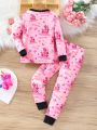 Young Girl Cartoon Graphic Contrast Trim PJ Set