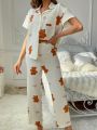 Ladies' Pajama Set With Bear And Letter Print