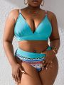 SHEIN Swim BohoFeel Plus Size Geometric Printed Splicing Swimsuit Set