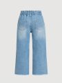 SHEIN Young Girls' Light Blue Elastic Waist Ruffle Fringe Hem Distressed Jeans For Spring/Summer