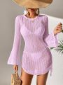 SHEIN Swim BohoFeel Fashionable Women'S Bell Sleeve Drawstring Ruched Cover-Up Top