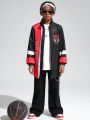 SHEIN Kids Cooltwn Boys' Casual Thick Jacquard Jacket With Letter Print And Contrast Color Sleeves