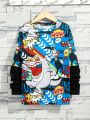 SHEIN Kids QTFun Boys And Girls Casual Cartoon Animal Print Pattern Color Block Sleeves Fake Two-piece Round Neck Pullover Knitted T-shirt