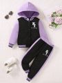 Little Girls' Casual Hooded Colorblock Letter Printed Outfits With Zipper Front Long Sleeve Sweatshirt And High Waist Jogger Pants, Autumn Winter
