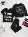 SHEIN Kids EVRYDAY 3pcs/Set Toddler Boys' Casual Comfortable Stylish Basic Soft & Comfy Letter Print Round Neckline Sweatshirt, T-Shirt And Long Pants Outfits For Spring, Autumn, Winter