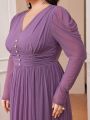SHEIN Modely Women'S Plus Size V-Neck Leg Of Mutton Sleeves Pleated Dress