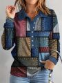 Plus Size Patchwork Pattern Button-front Half Placket Long Sleeve Shirt