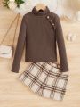 SHEIN Kids CHARMNG Big Girls' Knitted Solid High-neck Top And Jacquard Plaid Shorts Romantic Two-piece Set