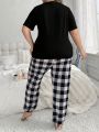 Plus Size Alphabet Printed Top And Plaid Pants Pajama Set
