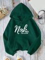 SHEIN LUNE Slogan Graphic Kangaroo Pocket Drawstring Thermal Hoodie