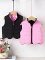 Young Girl 1pc Zipper Front Reversible Vest Puffer Coat