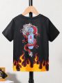 SHEIN Boys' Casual Street Style Loose Fit Dragon & Flame Printed Round Neck T-Shirt, Skateboarding Theme