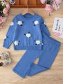 Baby Girls' 3d Flower Decorated Knitted Sweater Set