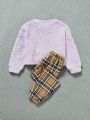 SHEIN Young Girl Bear Embroidery Teddy Sweatshirt & Plaid Pants