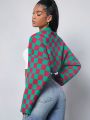 Wild Coco Berry Checker Pattern Drop Shoulder Open Front Crop Cardigan